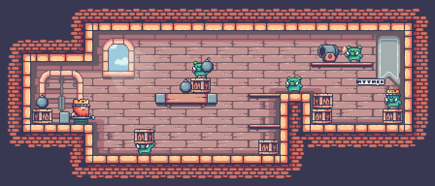 ATTACK Pixel art game screenshot of a king, goblins, crates, bombs, and a cannon in a castle room with an 'ATTACK' sign.