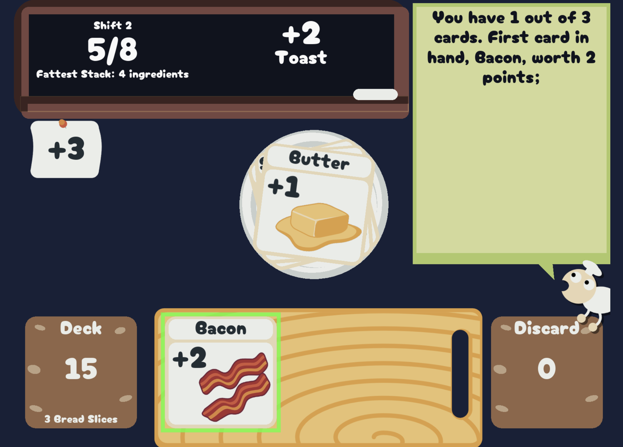 Game Screenshot - There is a chalkboard at the top with the score information, a plate in the center with ingredient cards, and a cutting board at the bottom with some cards. There is a chef looking character at the right with a large speech bubble explaining the state of the game.