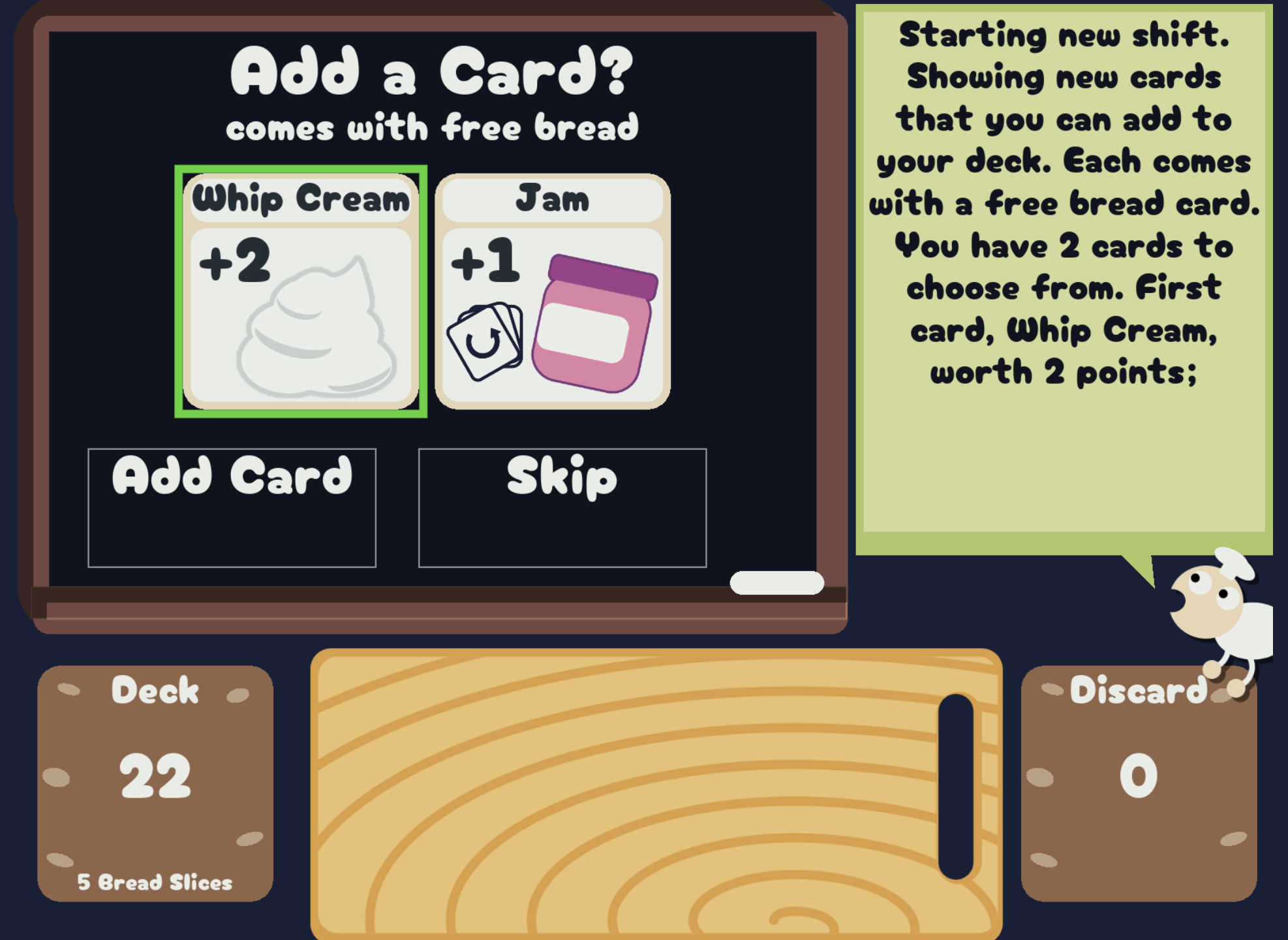 Game Screenshot - there is a large chalkboard that says "Add a card?" at the top. There are two cards in the center, each with a small cartoon graphic and some point value.