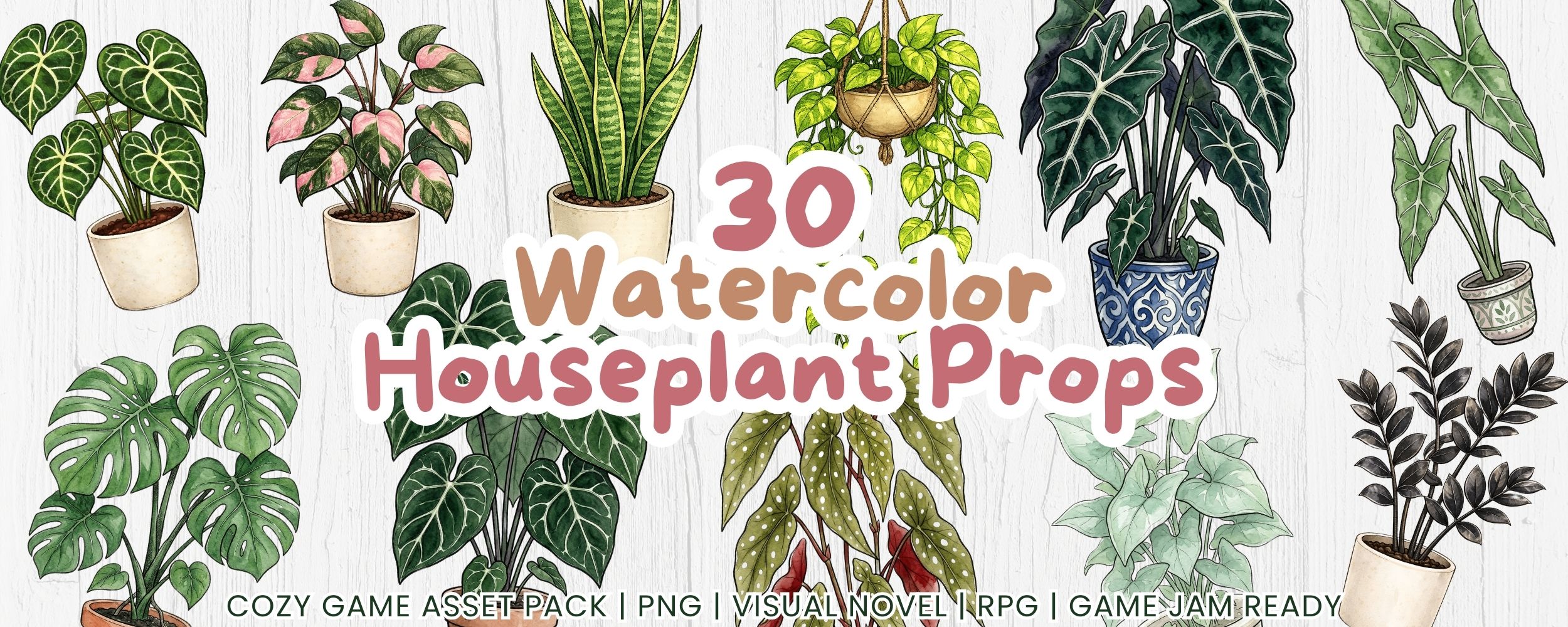 30 Watercolor Houseplant Props — Cozy Game Asset Pack | PNG