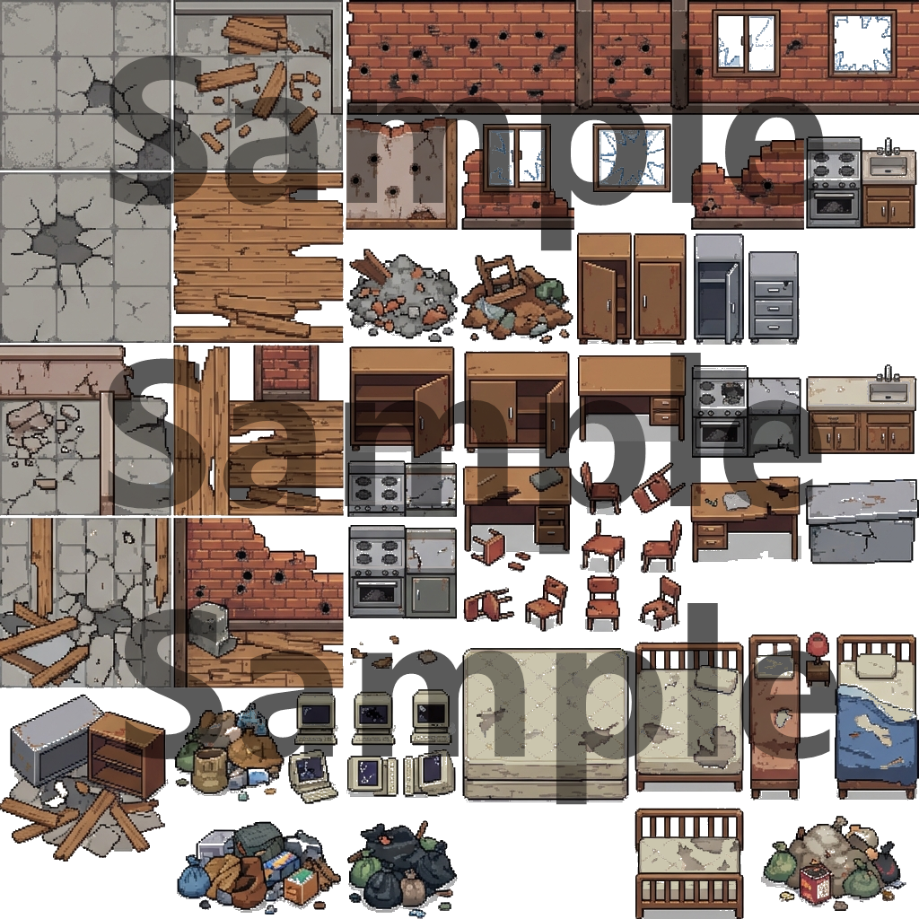 Post-Apocalyptic War Ruins Tileset - Pixel Art Game Assets by Cute SCKR
