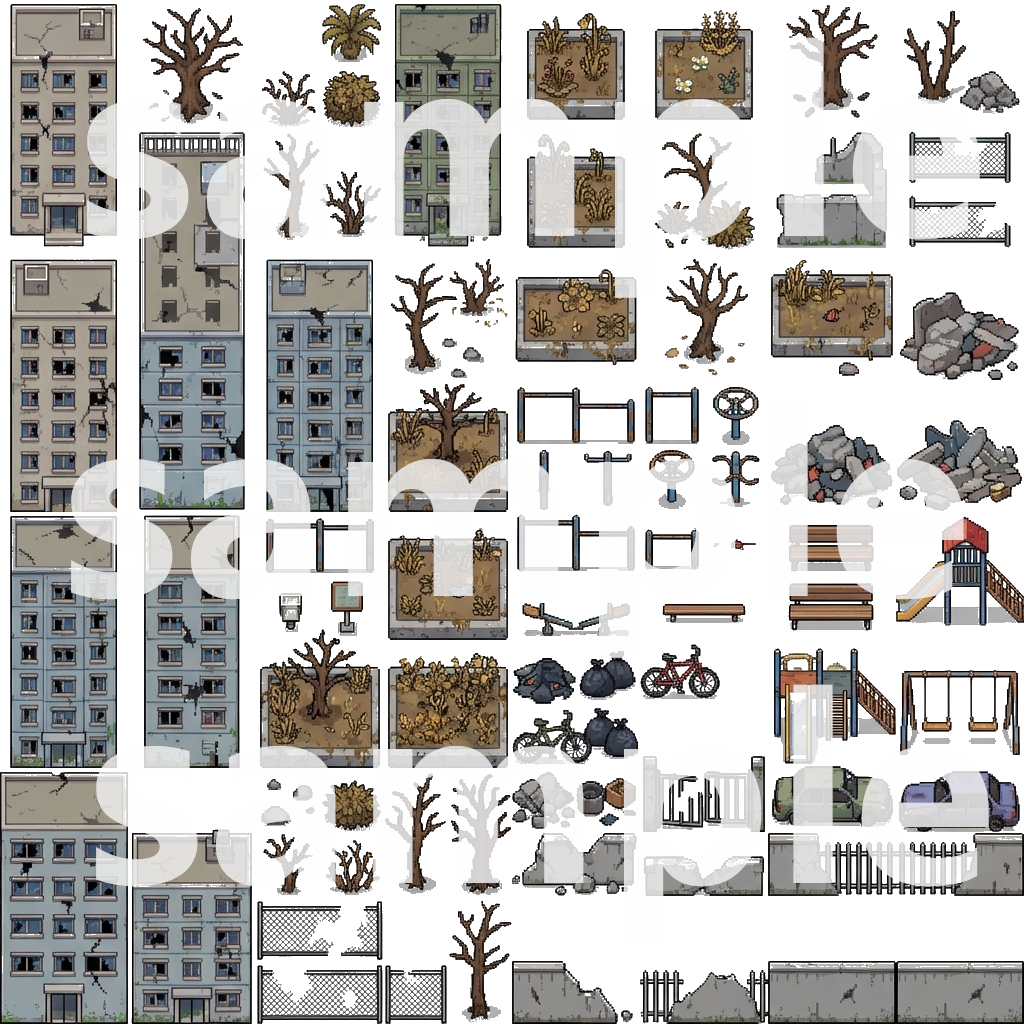 Post-Apocalyptic War Ruins Tileset - Pixel Art Game Assets by Cute SCKR