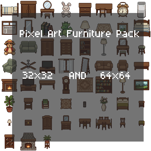 Bedroom & Living Room Pixel Art Asset Pack - 32x32 / 64x64 (100 Items ...