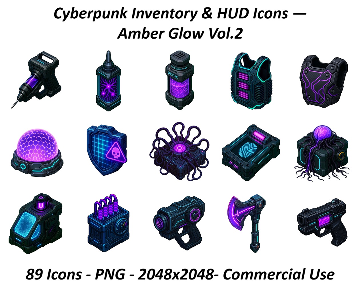 Cyberpunk Inventory & HUD Icons — Amber Glow Vol.2 (89 Game UI Icons)