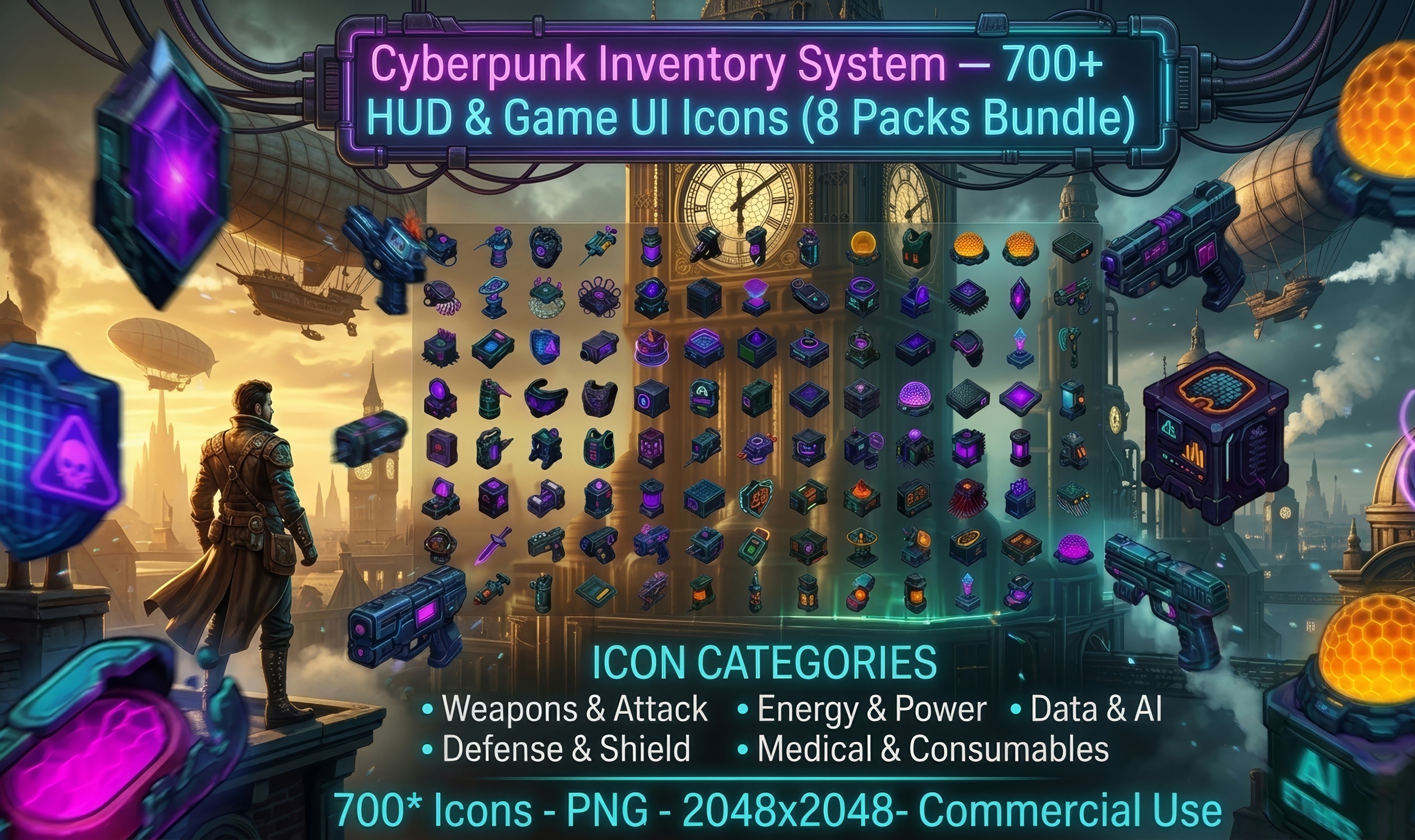 Cyberpunk Inventory System — 700+ HUD & Game UI Icons (8 Packs Bundle ...