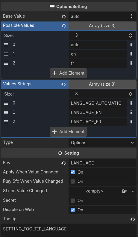 An OptionSetting node parameters