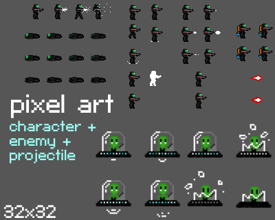 Alien Invasion Pixel Art Sprite Pack (Player, Enemy and Projectiles) by ...