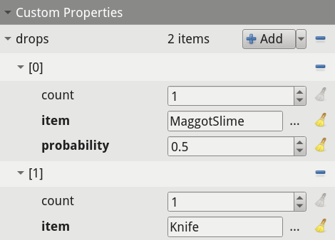 A list-valued custom property being edited in Tiled, showing a list of instances of a custom “Drop” class