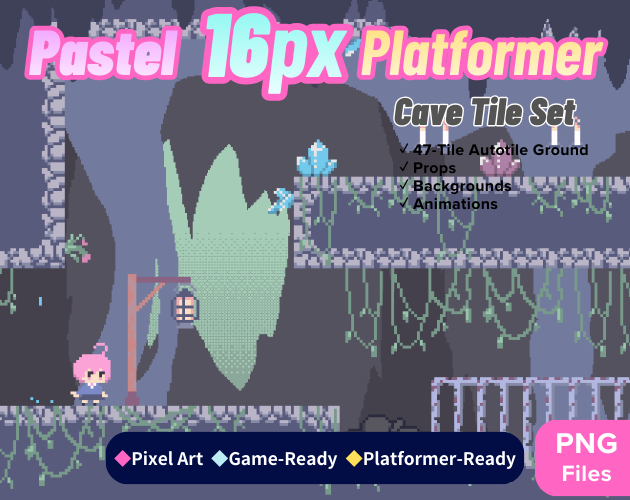 Pastel 16px Style Platformer – Cave Tileset by Karrasu
