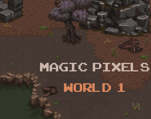 Pixel art game scene with a rocky pond, tree, and text reading 'MAGIC PIXELS' and 'WORLD 1'.