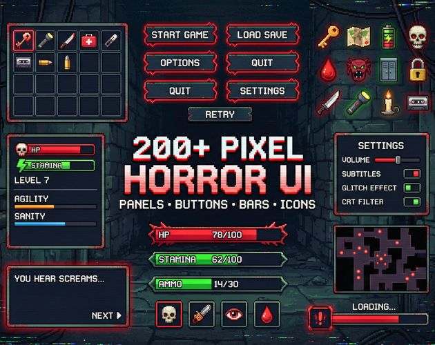 Pixel Horror UI Pack – 200+ Assets (Panels, Buttons, Bars, Icons ...