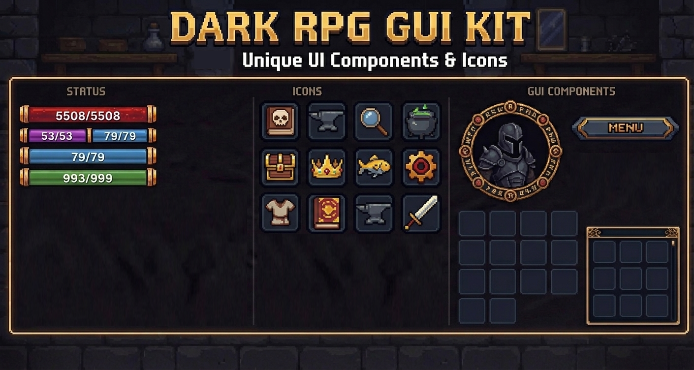 Dark RPG GUI Kit - Pixel Art Asset Pack by Seveneves.ai