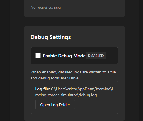 Enabling Debug Mode - Unofficial iRacing Career Simulator by Eric Boersma