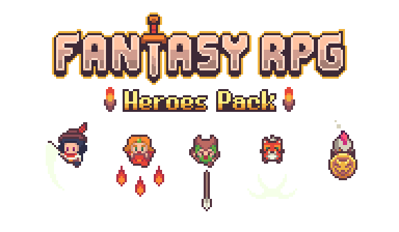 Pixel art banner with 'FANTASY RPG Heroes Pack' text and five fantasy hero characters with weapons and effects.