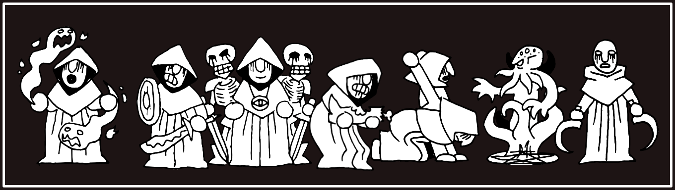 Here's trouble. Seven cultists deviating from the divine plan by summoning spirits and demons, hanging out with skeletons, eating people, etc. Here's trouble. Seven cultists deviating from the divine plan by summoning spirits and demons, hanging out with skeletons, eating people, etc.