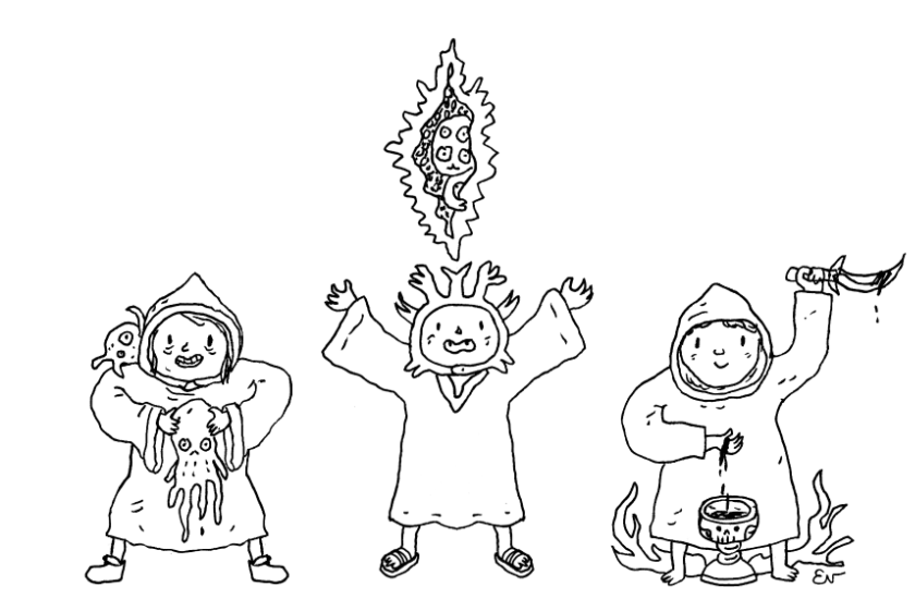 Three cute cartoon cultists just doing their own thing. Bloodletting, tentacles, rifts in reality, the usual. Three cute cartoon cultists just doing their own thing. Bloodletting, tentacles, rifts in reality, the usual.