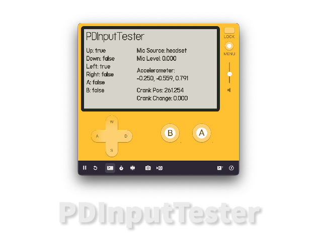 Screenshot of the tool running in the Playdate simulator with the title PDInputTester below