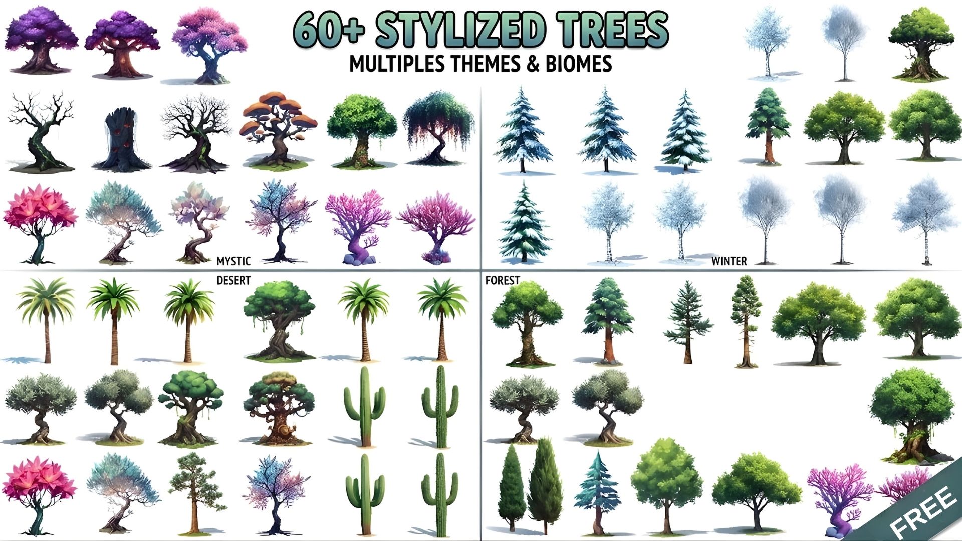 FREE - 60 Stylized Tree Mega Pack (AI-Assisted & Hand-Curated) by auraaii