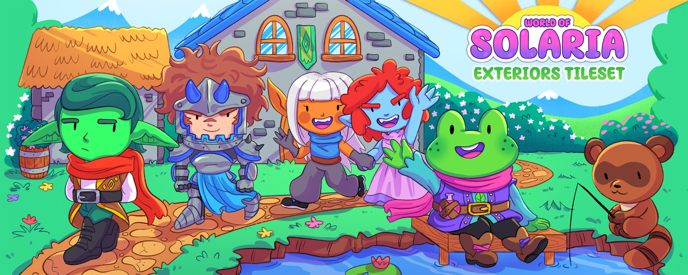 Cartoon fantasy characters walk by a house and pond, including a green elf, knight, fairy, blue-skinned girl, frog, and raccoon fishing.