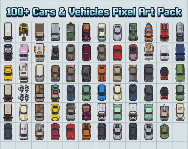 Pixel Cars Collection 100+ Cars & Vehicles Pixel Art Pack by Seveneves.ai