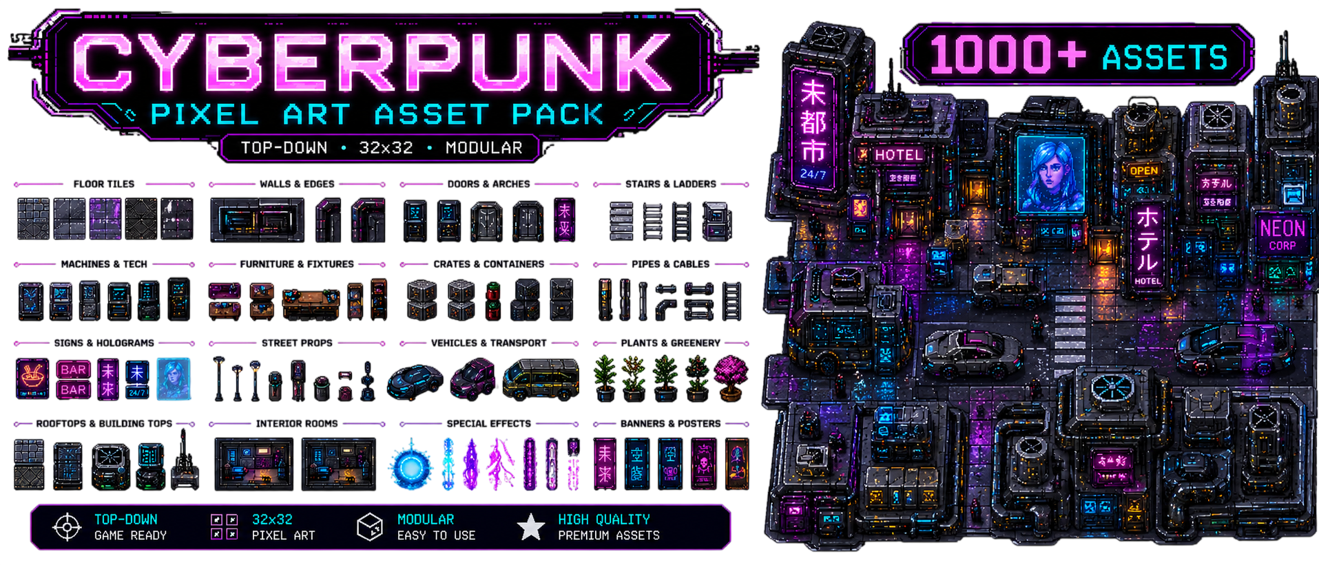 Cyberpunk Pixel Art Asset Pack – 1000+ Modular Top-Down Sci-Fi