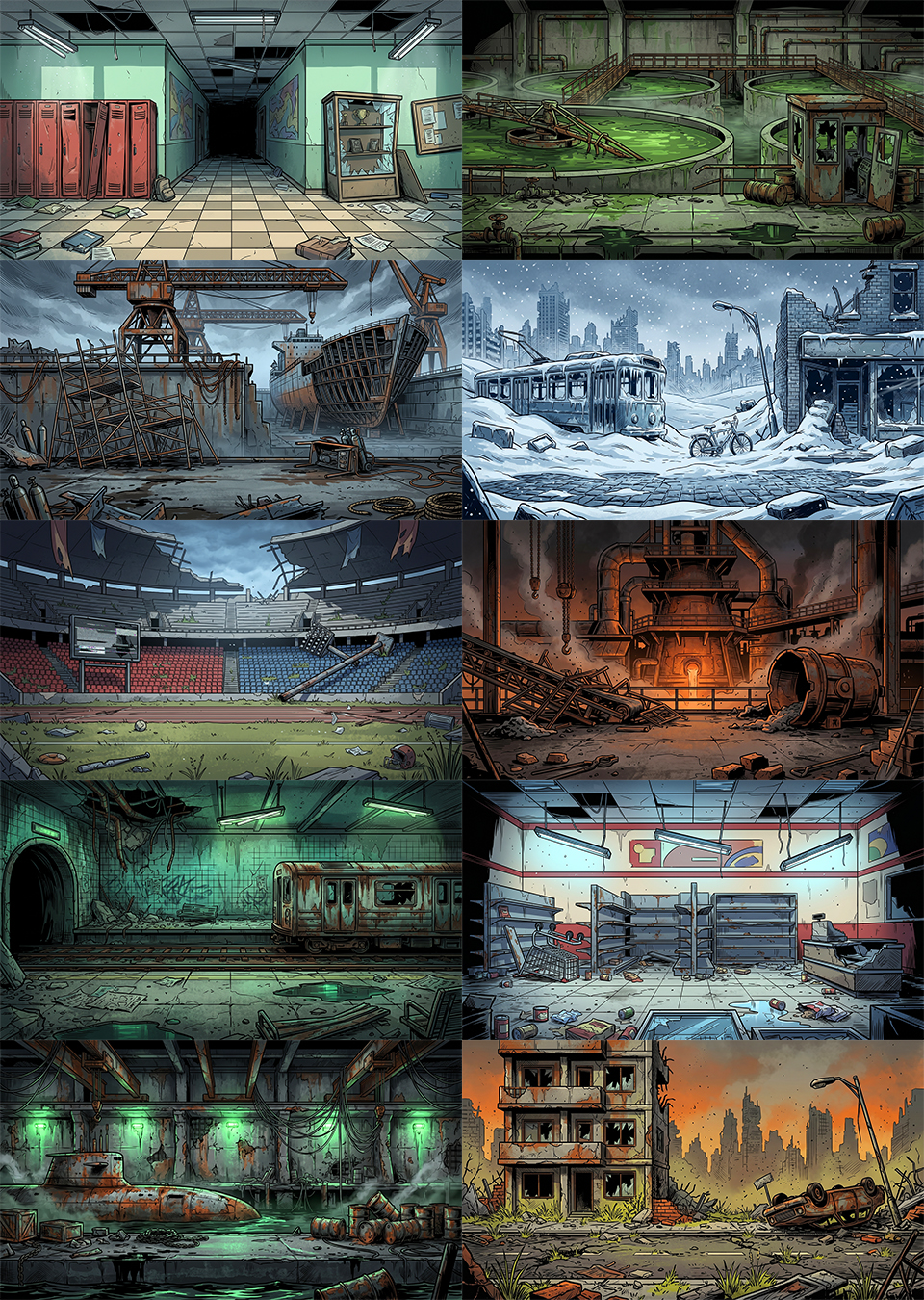 50 Post-Apocalyptic 2D Game Backgrounds by AssetSmithy