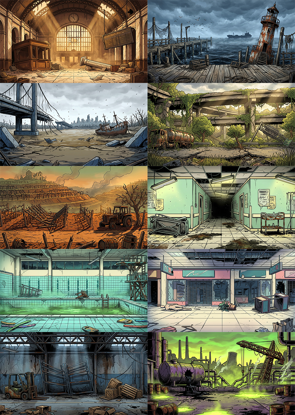 50 Post-Apocalyptic 2D Game Backgrounds by AssetSmithy