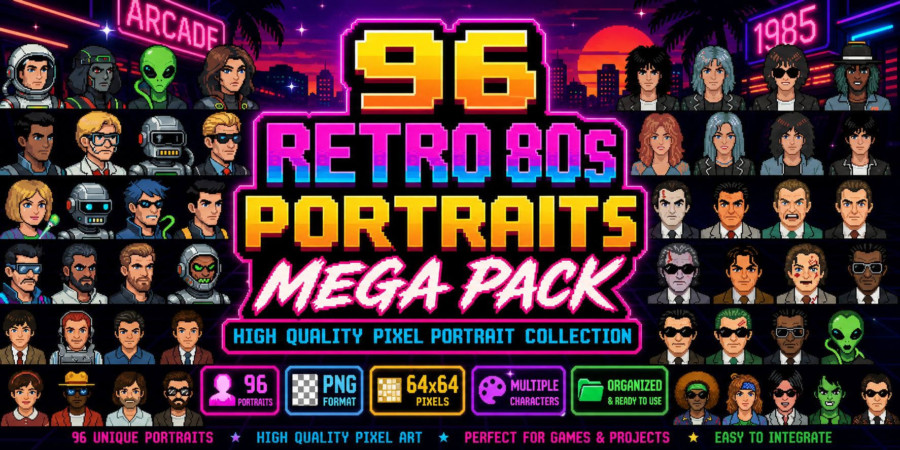 96 Retro 80s Portraits Mega Pack – 64x64 Pixel Art NPC Avatars by Sheet ...