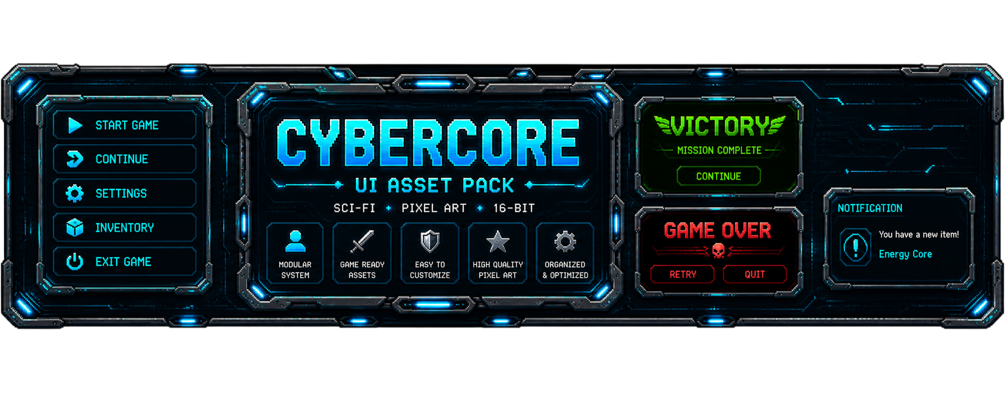 CyberCore UI Pack — Futuristic Pixel Art HUD & Interface Kit by SakPix