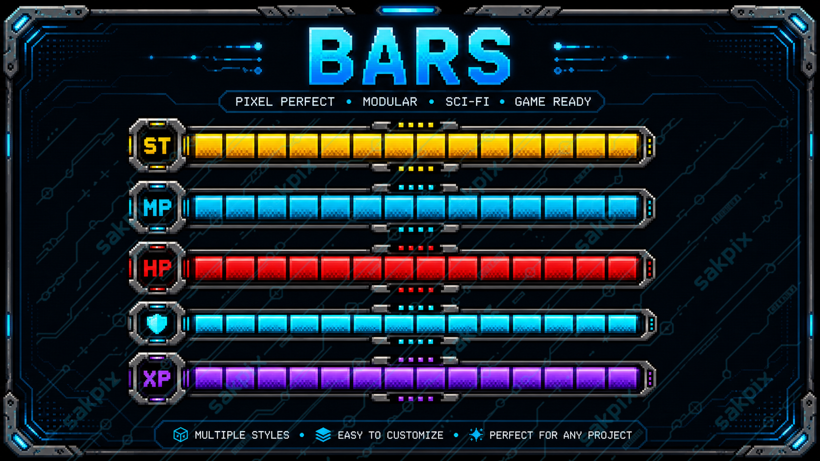 CyberCore UI Pack — Futuristic Pixel Art HUD & Interface Kit by SakPix
