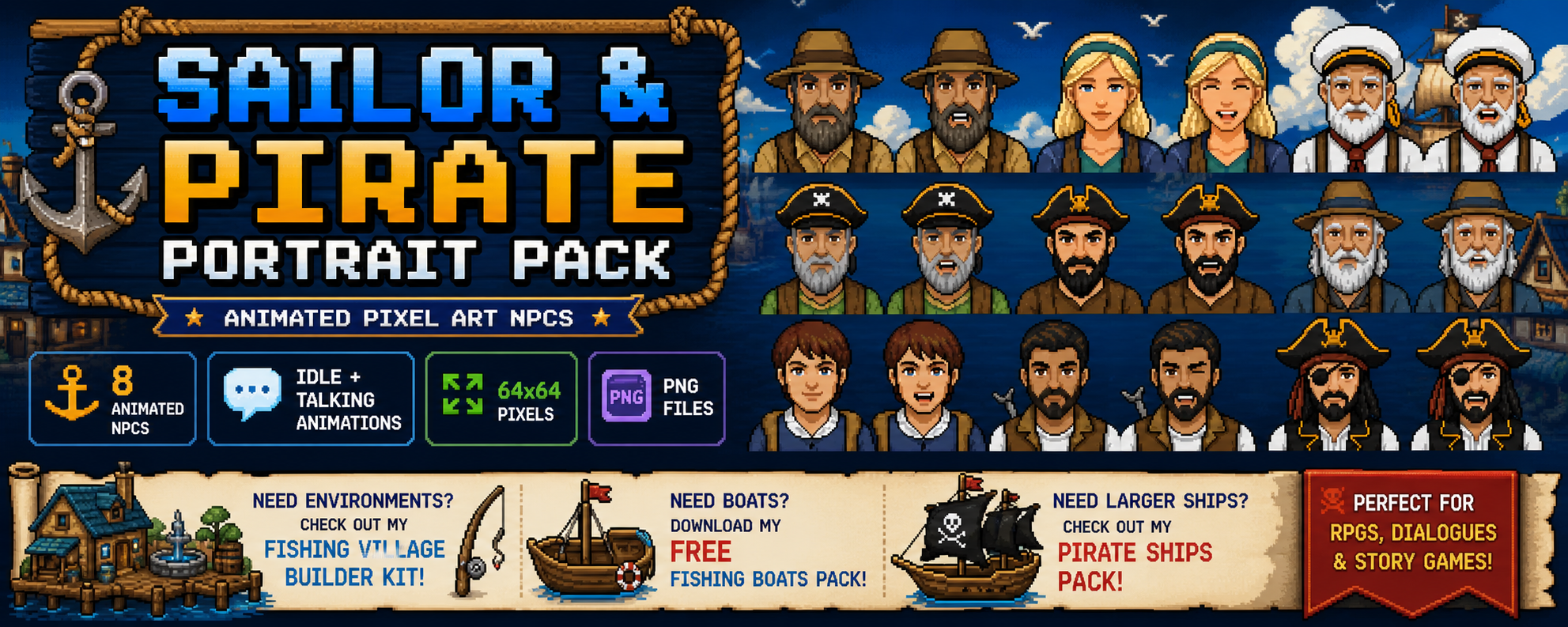 Sailor & Pirate Portrait Pack – Animated Pixel Art by MutterPixel Studio