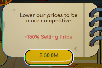 A screenshot showing a choice labelled “Lower our prices to be more competitive” with the effect “+150% Selling Price.”