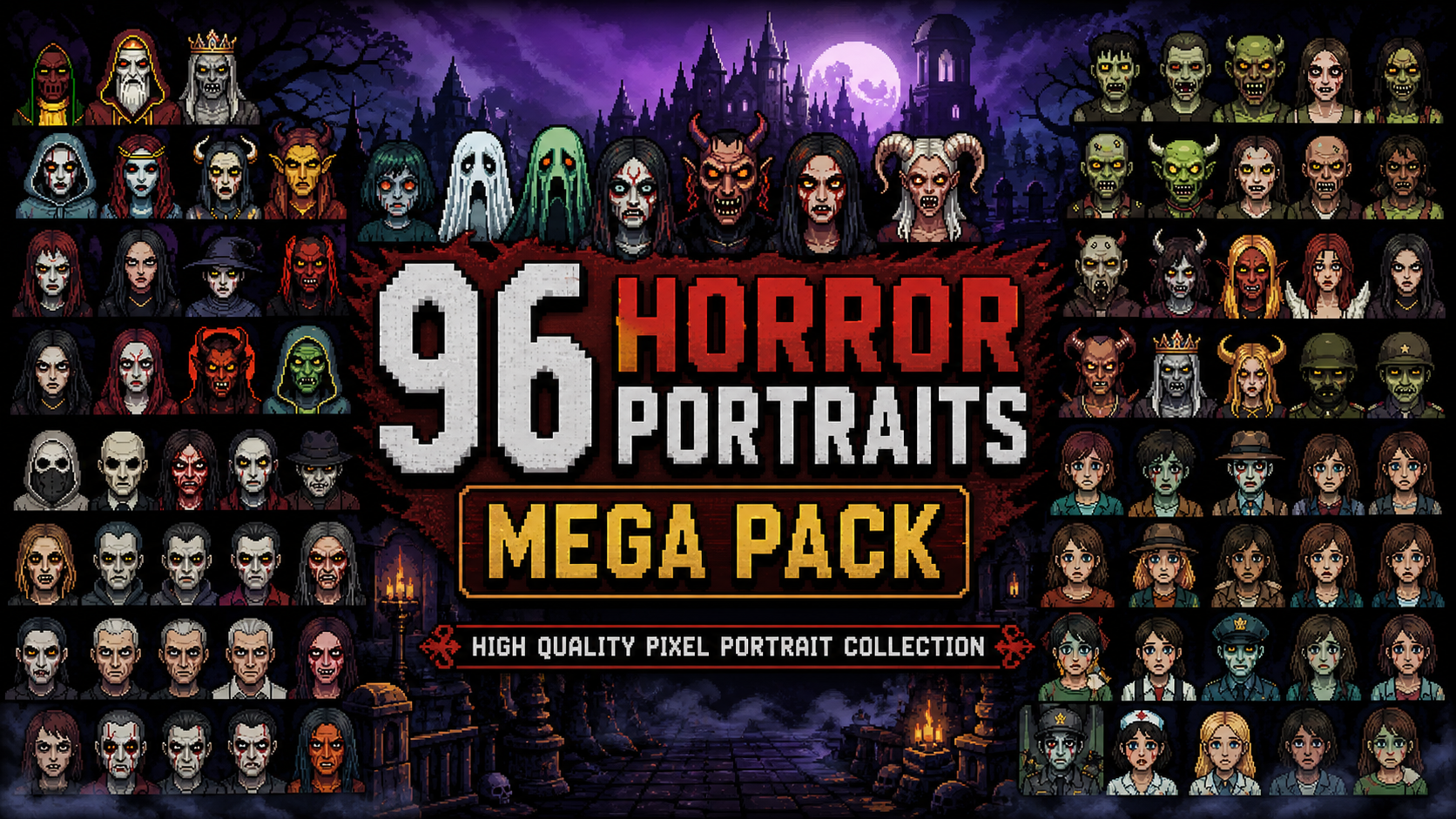 Horror Visual Style 96 Horror Portraits Mega Pack – Pixel Art Characters for Horror Games ...