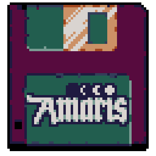 A pixel art floppy disk reading Amaris in gothic calligraphy