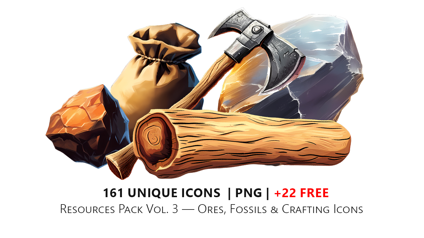Resources Pack Vol. 3 — Ores, Fossils & Crafting Icons +161