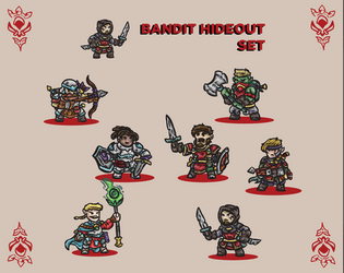 Bandit Hideout Paper Miniatures Set   - 11 Paper miniatures featuring a group of heroes attacking a Bandit hideout 