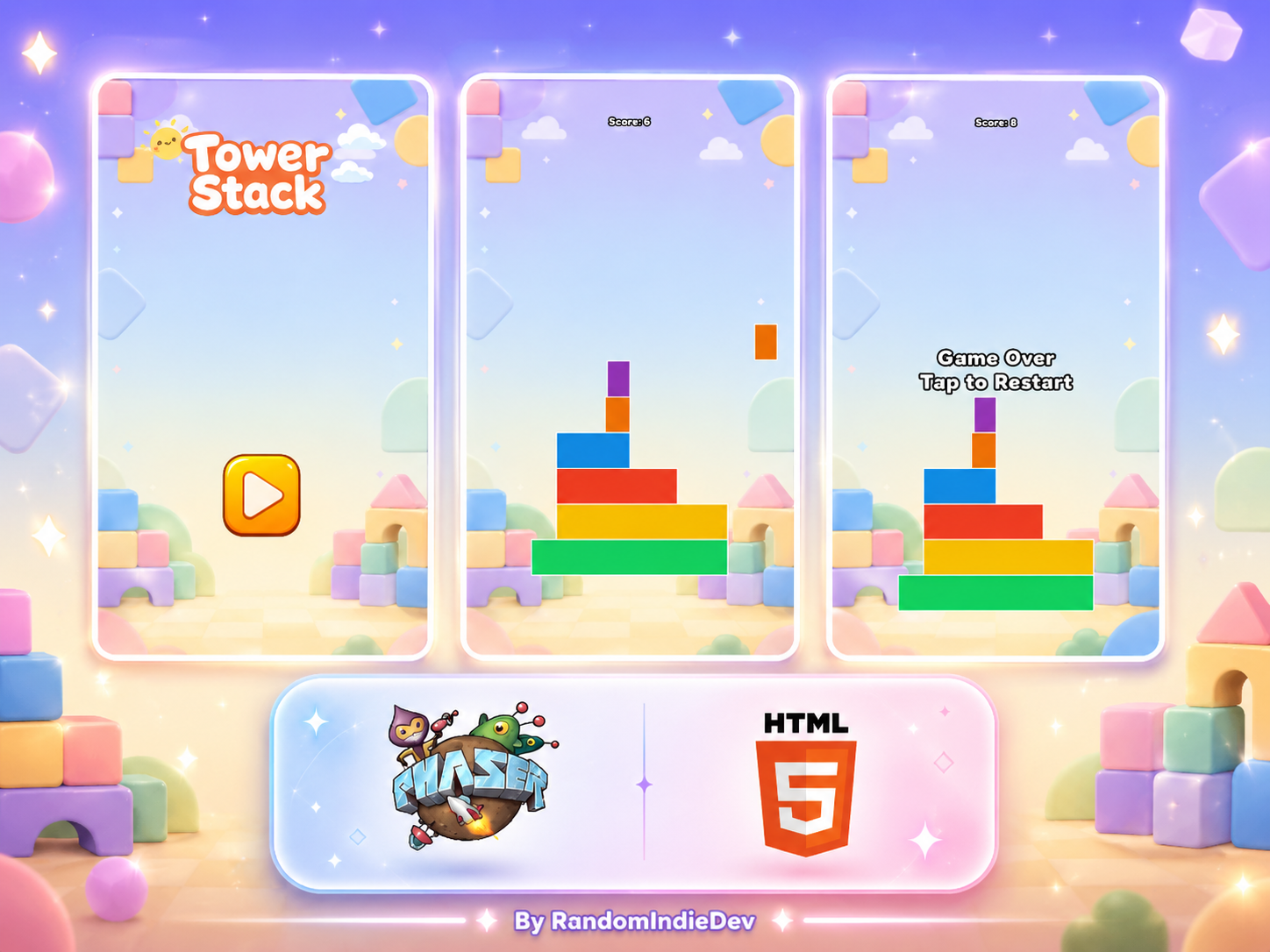 Stack Tower – Phaser 3 HTML5 Mobile Game Template by RandomIndieDev