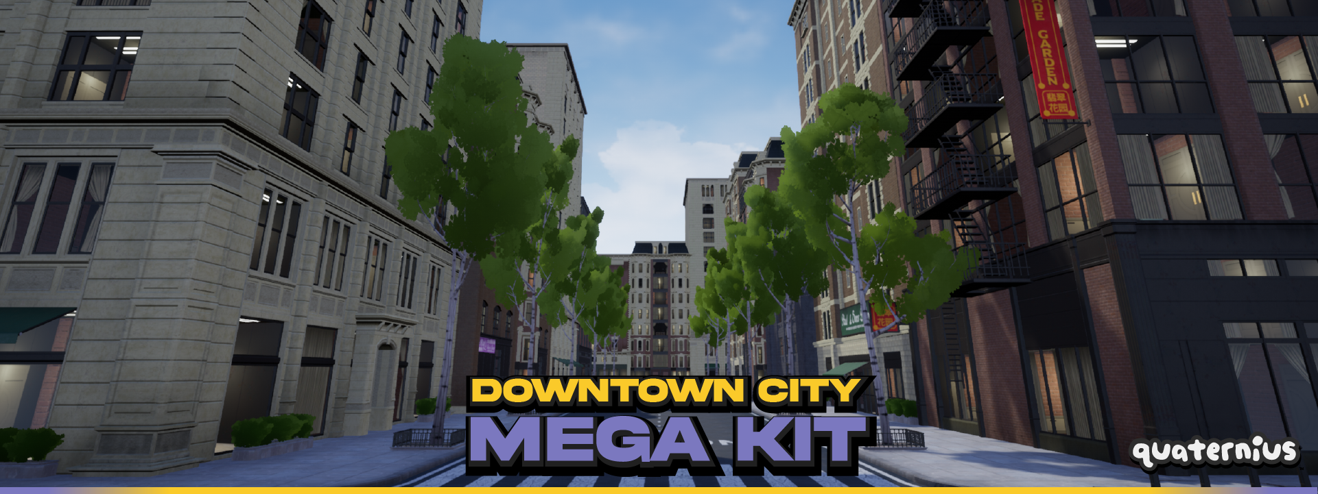 DOWNTOWN CITY MEGA KIT quaternius 3D-rendered city street scene with mid-rise buildings, trees, and fire escapes, featuring the text 'Downtown City Mega Kit'.