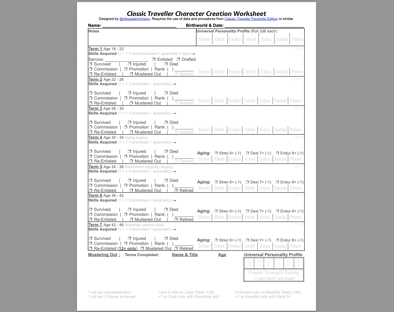 Cover image for Classic Traveller Character Creation Worksheet