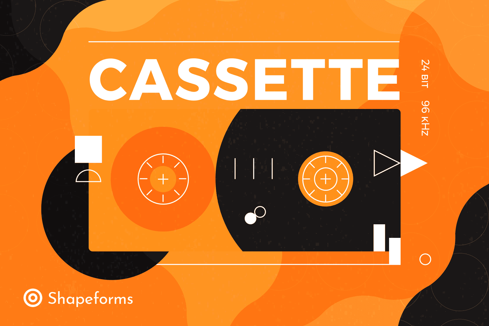 Stylized orange and black cassette tape graphic with geometric shapes and the word 'CASSETTE' in bold text.