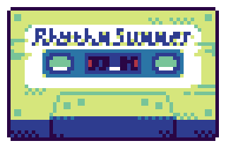 A pixel art cassette tape that is lime green and blue, reading 'rhythm summer' in cursive