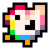 A pixel art chicken drawn with rainbow colors, to resemble the PICO-8 logo