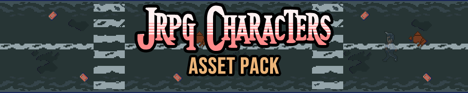 Pixel art banner with large text 'JRPG Characters Asset Pack' and small character sprites on a patterned background.