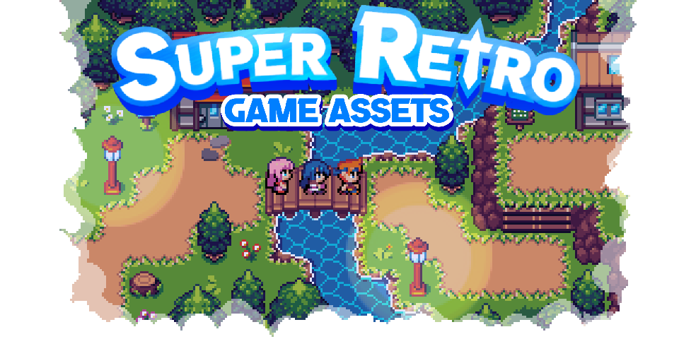 Three pixel art characters stand on a wooden bridge over a river in a colorful retro game environment.