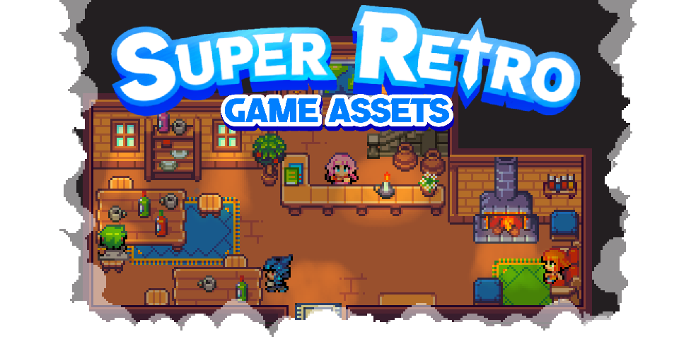Pixel art game interior with characters, tables, fireplace, and 'SUPER RETRO GAME ASSETS' text at the top.