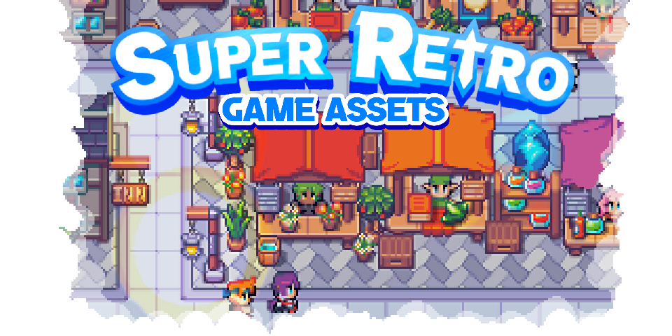 SUPER RETRO GAME ASSETS Pixel art market scene with colorful stalls, plants, and characters, overlaid with the text SUPER RETRO GAME ASSETS.
