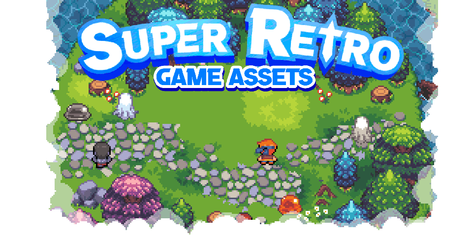 Pixel art forest scene with four characters and large text reading 'Super Retro Game Assets' at the top.