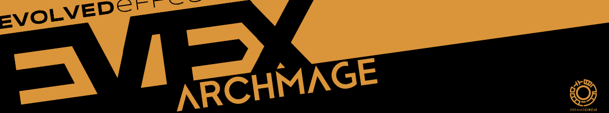 Stylized banner with bold orange and black diagonal design, featuring the text EVFX ARCHMAGE and a circular logo.