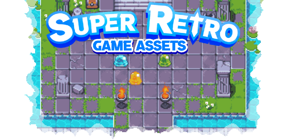 Pixel art dungeon scene with stone tiles, torches, colored slimes, and large text reading 'Super Retro Game Assets'.