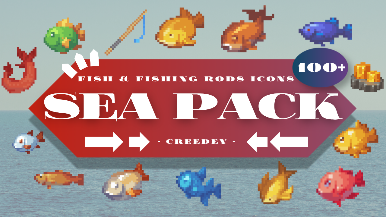 Pixel Sea Asset Pack – 32x32 Fish & Fishing Rods Icons